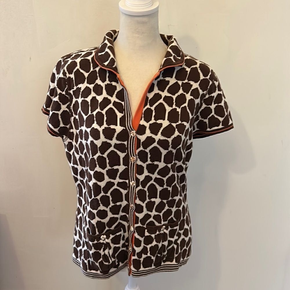 Susan Bristol brown white animal print short sleeve sweater cotton Size M